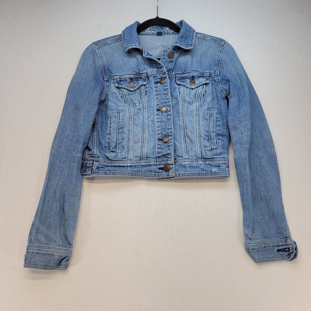 American Eagle Denim Jacket Womens Small Blue Cropped Distressed Classic Wash